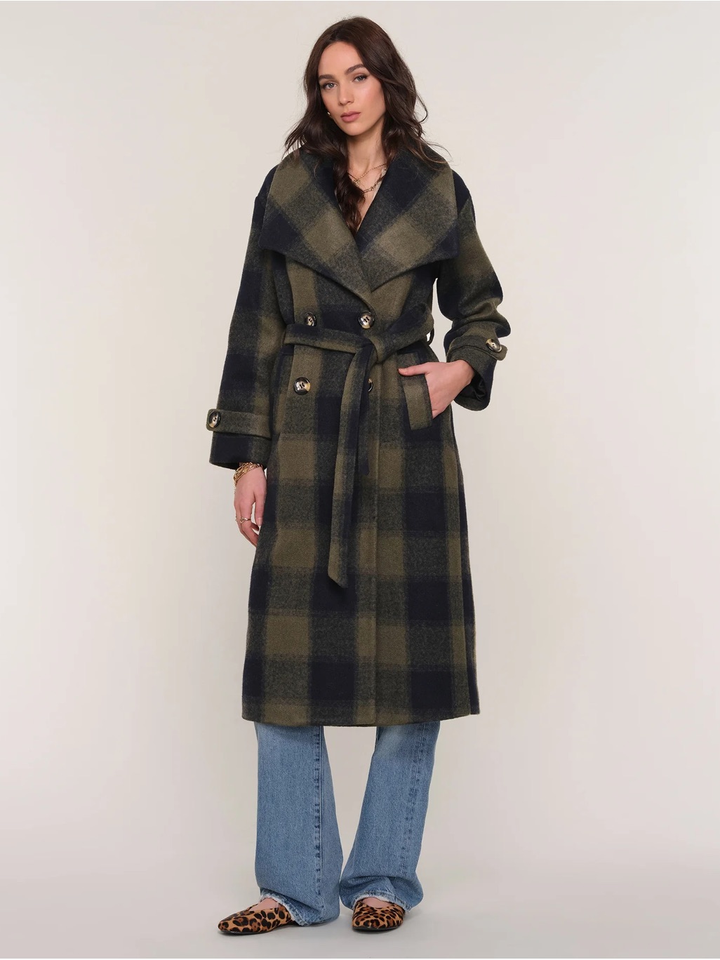 Heartloom Olive Green & Black Plaid Wool Blend Belted Coat